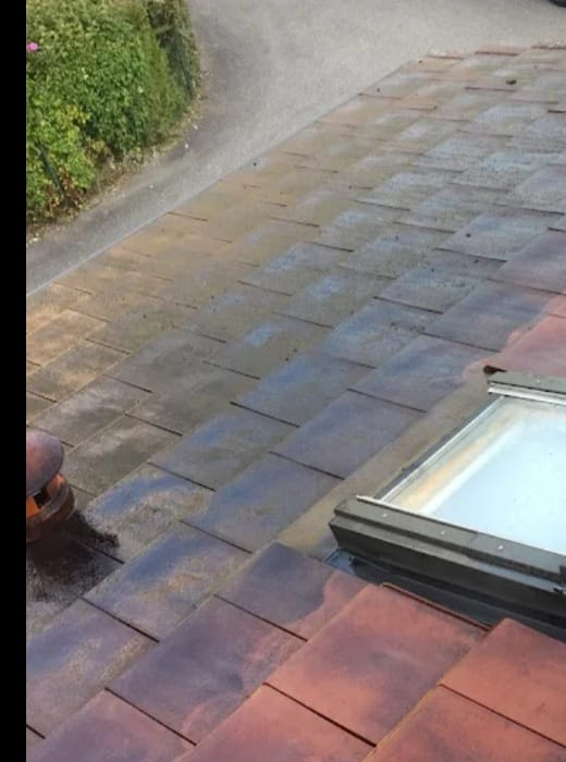 Nettoyage d'une toiture en tuiles plates avec fenêtre de toit — avant travaux
